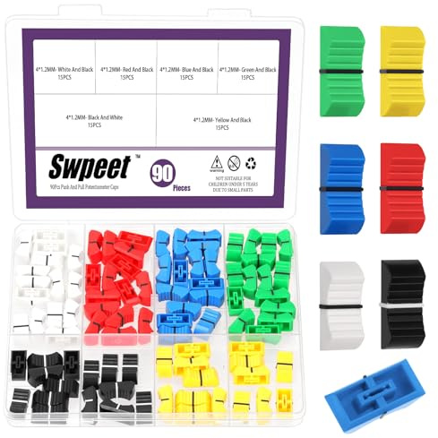Swpeet 90pcs 6 Farben 4x1.2mm Gerade Schieber Potentiometer Flat Push Knob Einfügen Welle Sortiment Kit, Potentiometer Fader Knob Kappen Potentiometers Gerade Schieber Knopfe Ersatz