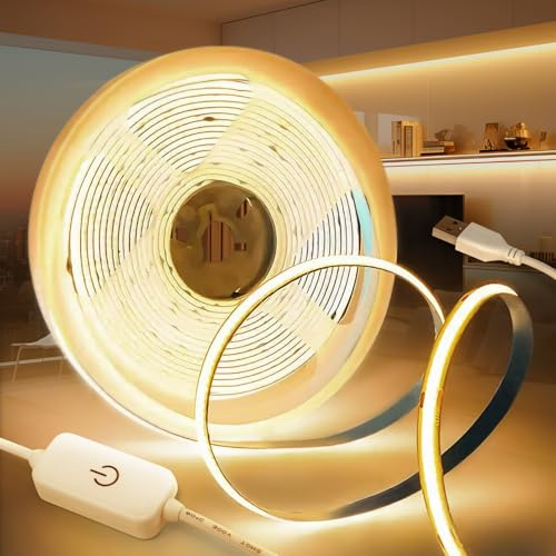 KSIBNW USB COB LED Streifen 2M Dimmbar LED Strip Light, 5V Selbstklebend LED Light band Warmweiß 3000K Lichtband CRI90+ Flexibel TV Beleuchtung Hintergrundbeleuchtung für Küche Bedroom Wohnzimmer