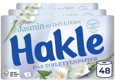 Hakle Jasminduft & Dekor, 48 Rollen Toilettenpapier, 3-lagig | 150 Blatt pro Rolle, Klopapier, WC Papier mit 60% recycelte Verpackung, FSC-zertifiziert