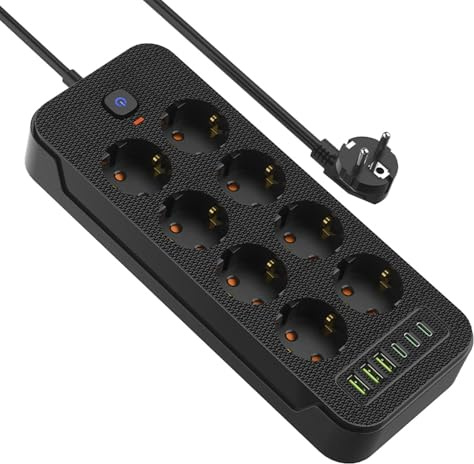 Steckdosenleiste mit Schalter, AOUOO 8 Fach Mehrfachstecker mit Verlängerungskabel 2M, 3USB/3Type-c (5V/3.1A), Max. 250 V / 16A, Steckdosenleiste Überspannungsschutz 3840W/16A für zu Hause, Schwarz