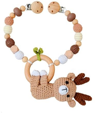 Ueiwffzo Kinderwagen Kette für Babys, Gehäkelt Cartoon Tier Anhänger Baby Mobile, Babyspielzeug Zum Flexiblen Aufhängen Kinderwagenkette aus Holz, Babyspielzeug Kinderwagen Für Baby (Hirsche)