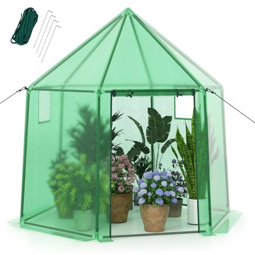 HOMASIS Serre avec housse en polyéthylène - Serre en film avec porte enroulable, fenêtre, 3 cordes et 4 clous - Cadre en métal - Serre d'hiver pour tomates - 198 x 172 x 190 cm - Vert