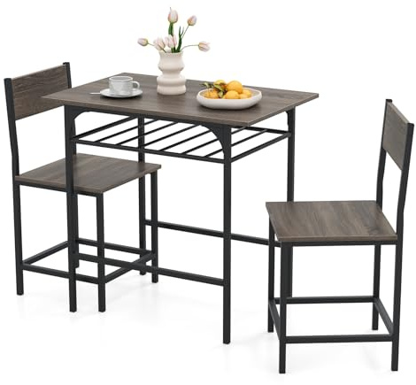 COSTWAY Esstisch mit 2 Stühlen, 3-teilige Essgruppe Holz mit Ablagefach & Metallrahmen, Kleiner Küchentisch für 2 Personen, Esszimmergruppe für Küche, Esszimmer, 80 x 52,5 x 77 cm (Grau)