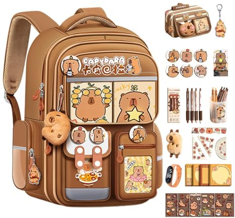Capybara Stationary Set for Boys Girls, Large Capacity Capybara Backpack with Pencil Case, Pencil Holder, Watch, Pendant, Ruler, Pens, Notes, Stickers