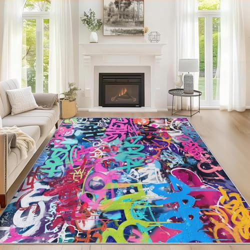 Generisch Teppich Wohnzimmer Street Art, Teppich Moderne Bunt Graffiti 60x90 cm, Kurzflor, Waschbarer, Weich, rutschfest Bettvorleger für Kinderzimmer Schlafzimmer ZY&L13