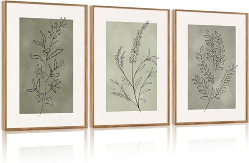 Celestdeco Botanical Sage Green Leaf Framed Canvas Wall Art Set,Minimalist Wall Decor,Boho Nature Floral Greenery Wall Painting, Neutral Botanical Plant Decorations For Dining Room 30x40cm
