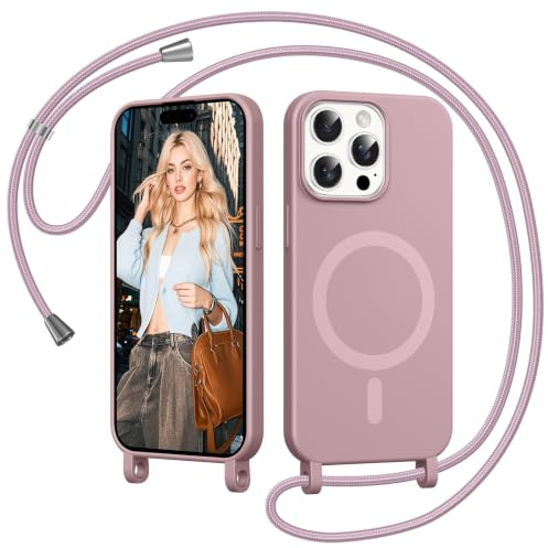 Coiwxmoi Magnetica Cover per iPhone 16 Pro con Cordino Regolabile, [Compatibile con MagSafe] Custodia con Collana Tracolla Laccio Collo Liquido TPU Silicone Lanyard Antiurto Case, Rosa