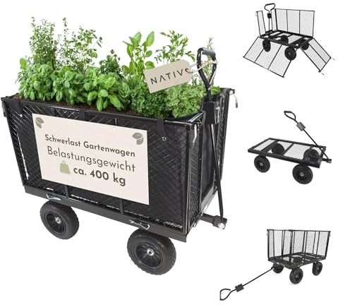 Lemodo Gartenwagen aus Stahl 400 kg Schwerlast, Gummireifen, klappbare und abnehmbare Seitenteile, Anhänger mit Kupplung für Rasentraktor, große Ladefläche 95x51x50 cm für Garten, Hof und Stall
