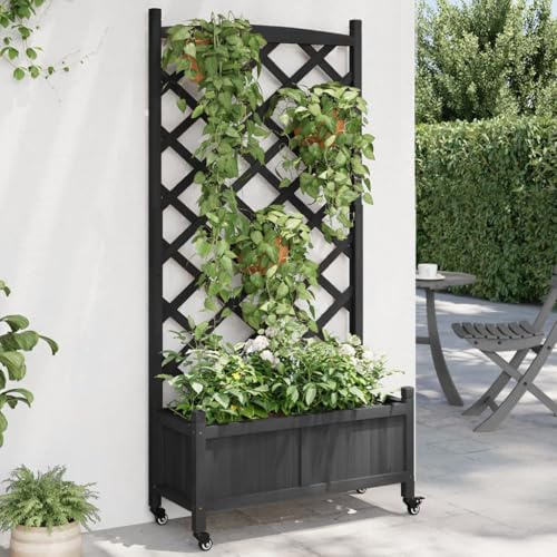 Genérico Jardinera con Enrejado y Ruedas Madera Maciza de Abeto Negro,Casa y jardín,Jardín,Jardinería,Maceteros y jardineras-3207652