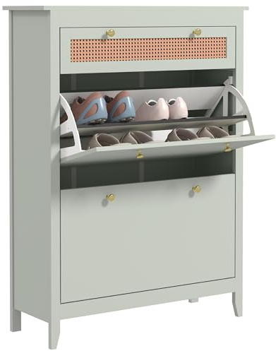 HOMCOM Schuhschrank mit 2 Klappen und Schublade, Schuhkipper, verstellbare Ablage, Schuhregal, Schuhkommode, Schuhablage für 12 Paar Schuhe, 88 x 30 x 120 cm, Grün