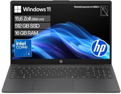 HP Laptop, 15,6 FHD, Intel Core 5, 16GB RAM, 512GB SSD | Zuverlässiger Laptop für Alltag, Office, Homeoffice und Streaming mit Windows 11 – ohne Netzteil, QWERTZ, Jet Black