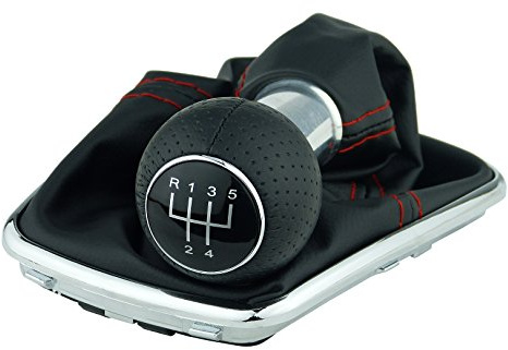 Schaltsack & Schaltknauf für VW Golf 4 IV & für Bora - 12mm - Bj. 1997 - 2006 - 5 Gang Knauf mit Rahmen - Schwarz Rot Chrom - Schaltmanschette Schalthebel Manschette Schaltgetriebe Schaltung A253-8