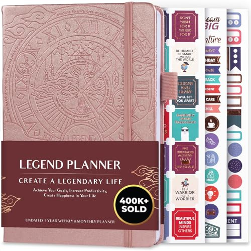 Legendplanerare – lyxig vecko- och månatlig livsplanerare för att nå dina mål och leva lyckligare. Anteckningsbok och produktivitetsjournal. A5 inbunden, odaterad – börja när som helst + klistermärken