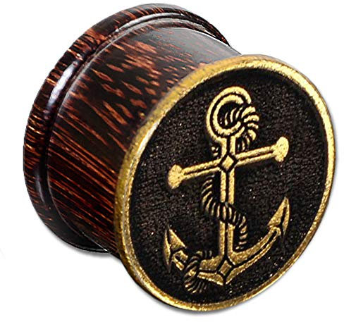 viva-adorno 1 Stück Plug Flesh Tunnel Holz Marine Anker Gold Handbemalt Ohr Piercing 10-16mm Z511.D7, 14mm