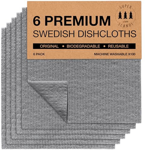SUPERSCANDI 6 Pack Reusable Cleaning Cloths - 100% Biodegradable & Compostable Washable Swedish Dishcloth - Food-Safe & Plastic-Free Kitchen Cloth Suitable for Any Surface, Grey