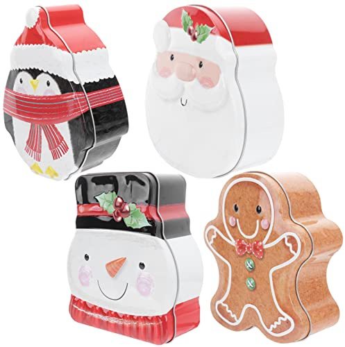 4pcs Christmas Tin present Box Candy Tin Box Storage Containers Santa Snowman Gingerbread Penguin Biscuit Container for Party Dinner Event