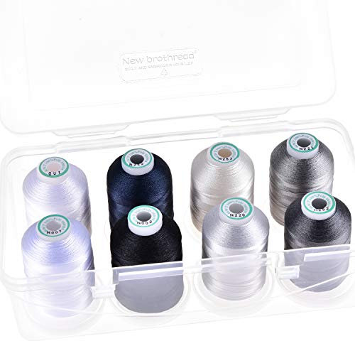 New brothread - 18 Optionen - 8 Schnappen Spulen von 1000m jeder Polyester Maschine Stickgarn mit Klarer Kunststoff Aufbewahrungsbox für Stickerei & Quilten - Monochrome