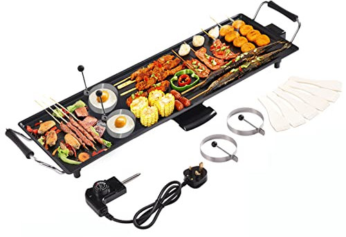TANGZON Electric Teppanyaki Table Grill, 1800W Non-Stick Barbecue Griddle with 6 Wooden Spatulas and 2 Unsticking Rings, Portable Family Party Tabletop BBQ Hot Plate for Indoor Outdoor (70x23cm)
