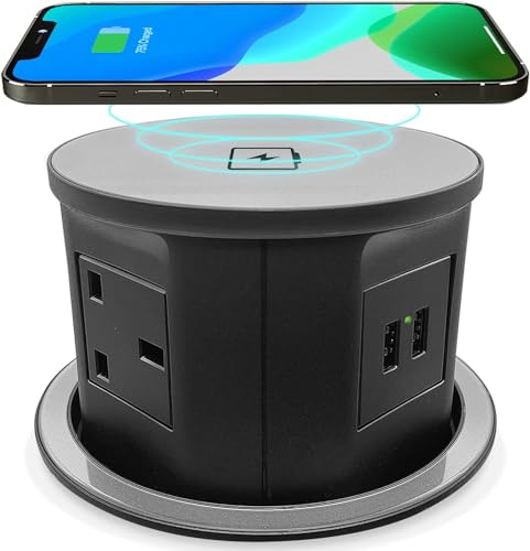 VORSPRUNG® Automatic Retractable Pop Up Power Sockets, Fast charging, Kitchen, Worktops, Offices, Wireless hidden, 3 pin UK Plugs, 2x USB, Qi Charging, iPads, all Phones, surge protection