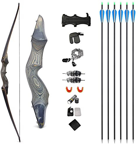 HNZMDY Bogenschießen 60 Zoll Takedown Recurve Bogen Set 25-50LBS Traditioneller Langbogen mit Carbonpfeil Holzriser Sportbogen Jagdbogen für Schießübungen im Freien (45lbs, Rechte Hand)