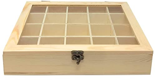 Acan Tradineur - Caja de Madera, 20 Compartimentos, Tapa de Cristal, Expositor Joyas, Organizador, joyero, Collares, brazaletes, Pendientes, Relojes, 5 x 28 x 22 cm