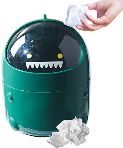 Karikatur Kleiner Dinosaurier Tischmülleimer mit Schwingdeckel,Mini Mülleimer Stifthalter,Klein Tischabfalleimer,Papiermülleimer,Tragbar Süßer Abfallbehälter,für Büro Kaffee Tisch Küche (Grün)