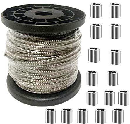 60m / 186FT Wire Rope Kit, 2mm Stainless Steel Wire Cable, 7x7 Heavy Duty Picture Hanging Wire with 50pcs Aluminum Loop Sleeve 2mm, Garden Rope Cable Wire For Railing Decking,Picture Frames (2mm)