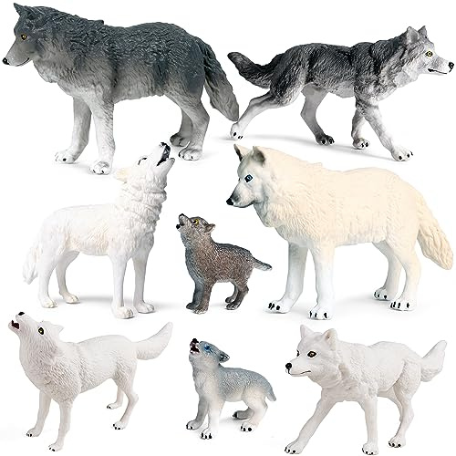 RCOMG 8PCS Wolf Toy Figures, Realistic Wild Animal Wolf Figurines Plastic Jungle Forest Animal Toys Figurines for Kids Boys Girls