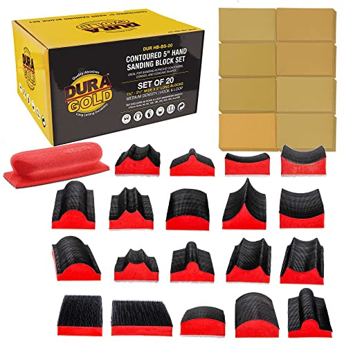 Dura-Gold 20-Piece Contoured Profile 5 Hand Sanding Block Set with 40 Sheet Hook & Loop Sandpaper Kit - Interchangeable Assorted Convex & Concave Shapes - Sand Wood Woodworking Furniture, Auto Paint