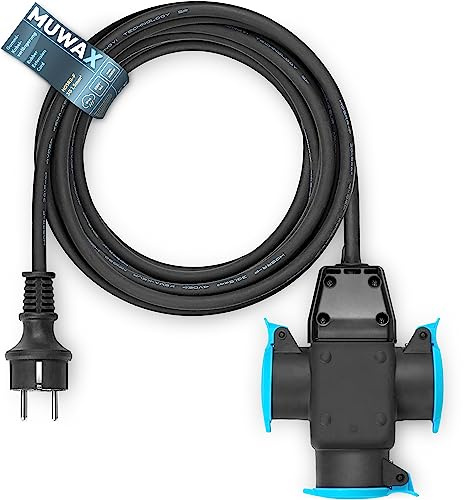 MUWAX 20m Gummi-Verlängerungskabel H05RR-F 3G1,5mm² mit 3-Fach Verteiler | für den Außenbereich, Rasenmäher, Garten & Werkstatt, IP44, schwarz