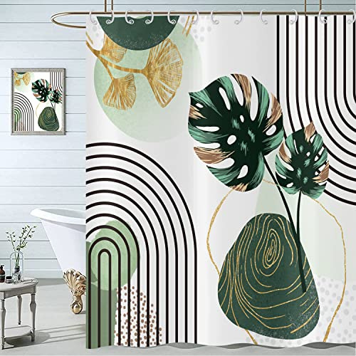 Hnmdmyi Duschvorhang Boho 180x180, Mid Century Abstrakt Grün Tropische Blätter Badewanne Vorhang Modern Geometrisch Minimalistisch Ästhetisch Kunst Wasserdicht Polyester Stoff Waschbar Badevorhang