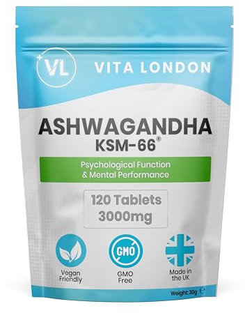 Ashwagandha KSM-66 High Strength Tablets 3000mg | 2 Month Daily Supply | 120 Organic Supplement Tablet (Not Capsule, Gummies or Powder) | Made in UK | Vegan