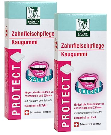 BADERs PROTECT Zahnfleischpflege Kaugummi Duo, 2 x 20 Quadrate | Mit Kräutern, Salbeiöl, Xylit, Aus der Apotheke