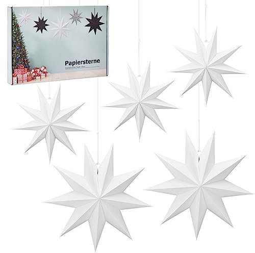 eLander 5 Stück Papiersterne Weiß, 30 cm x 3 + 45 cm x 2, Skandinavisch Weihnachten Papier Sterne Weihnachtsdeko, 9 Zacken Weihnachtssterne für Zimmer Fenster
