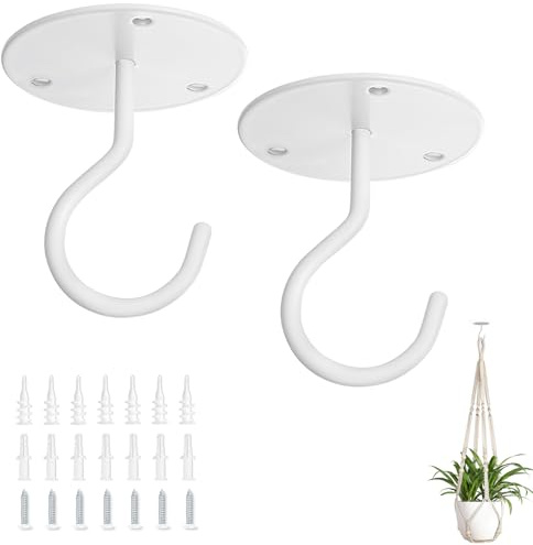 Mkono Hook Ceiling Hooks for Hanging Plants, Bird Feeders, Lanterns, Wind Chimes, Planters, Indoor & Outdoor Decoration (2-Pack) (White) | Works on Wall & Ceiling, Swag Hook, Fit Planter Flower Pot Lantern Wind Chimes Bird Feeder Mobile, Multi-Use, Indoor Outdoor