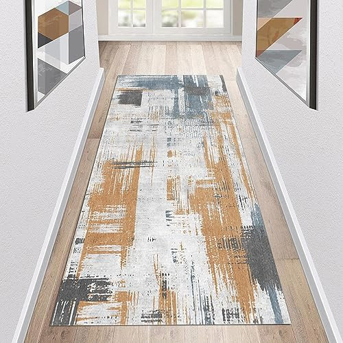 Siunwdiy Teppich Läufer Flur rutschfest Küchenläufer Grau/Creme Abstrakt Korridor Teppichläufer Waschbar 60x180cm Modern Lang Flurläufer Teppich Küche Schlafzimmer Wohnzimmer Meterware Fußmatten