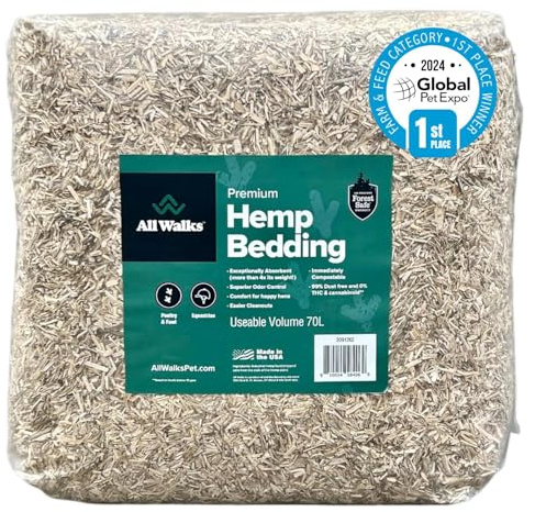 All Walks 70 Liter Hemp Bedding for Chicken Coops, Horses, Ponies, Llama, Emu, Ducks, and Turkeys - 100% Natural, Superior Odor Control, Biodegradable Pet Bedding, Dust-Free - Made in USA