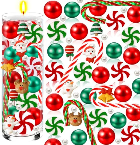 8071Pcs Christmas Vase Filler Floating Pearls Candle Decor, Acrylic Plastic Glass Green Red Candy Canes, Water Gel Beads for Vases Xmas New Year Home Table Party Decoration (A)