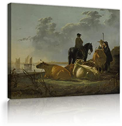 TOANGWALL Bauern und Vieh Am Fluss Merwede Von Aelbert Cuyp Wandbild Leinwand Berühmte Gemälde Kunstwerke Drucke für Wohnzimmer Wohnkultur 40x48cm Innenrahmen