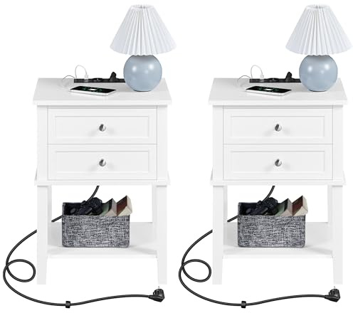Yaheetech 2er Set Nachttisch mit Steckdose und USB-Anschlüsse Beistelltisch Nachtkommode mit 2 Schubladen & Ablage Schlafzimmer Couchtisch Sofatisch aus MDF 45 × 35 × 61 cm, Weiß