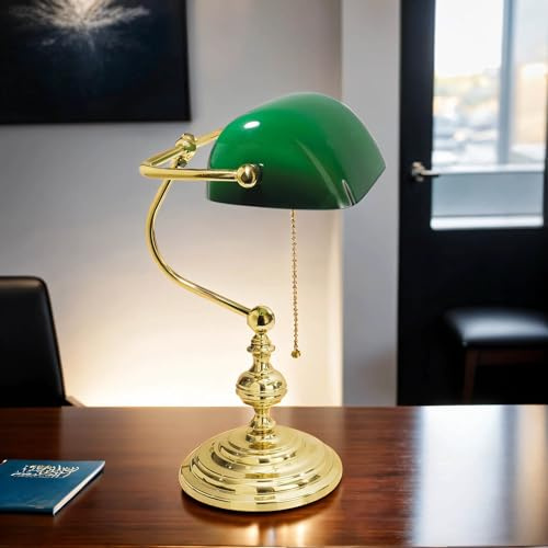 Licht-Erlebnisse Schreibtischlampe Messing massiv Glas H: 39 cm schwenkbar E27 Grün Zugschalter Tischleuchte Bankerlampe Arbeitszimmer Büro