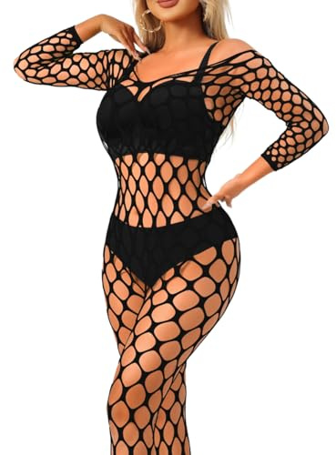 ChiaoLezhee Exotic Fishnet Bodystocking, Rave Glow Outfits, One Size, Sheer Mesh Dancewear Sexy Jumpsuit Plus Wear Dancer, Black