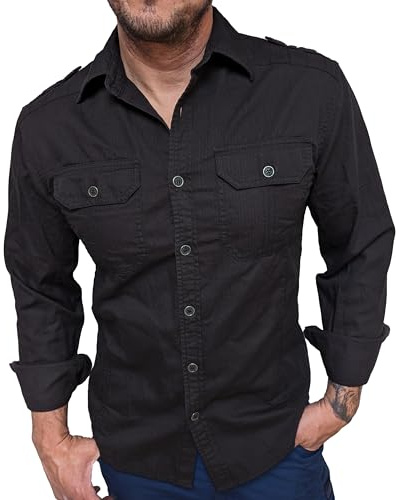 LOBO NEGRO Sportliches Herren Jeans Hemd mit Metallknöpfen tailliert schwarz - Reine Baumwolle