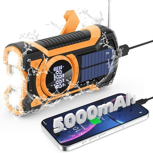 Cargador Solar para Movil, FM/Am Radio Portátil de Emergencia con Manivela y 5000mAh Powerbank y Altavoz Bluetooth Linterna LED y SOS Alarma IPX5 Impermeable Pare Radio de Camping al Aire Libre