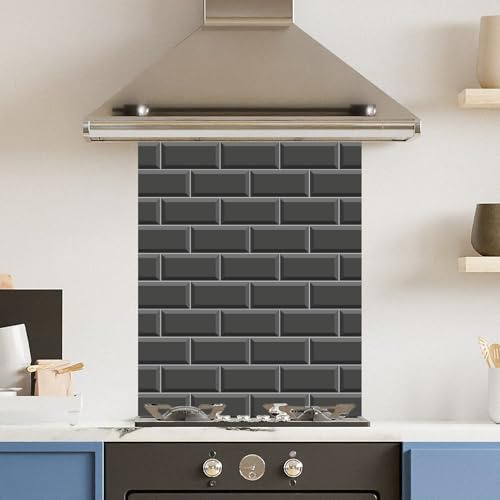 Toughened 6mm Glass Kitchen Splashback 60 x 75cm Black Metro Tile - Polished Heat Resistant Back Splash for Cookers Hob