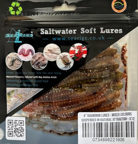Sea Fishing - MIXED COLOUR RAGWORM lures - Suspended in Natural Ragworm Oil - 4 Inch (10.5cm) - x12 per pack - Target Bass, Cod, Sole, Plaice and Flounder