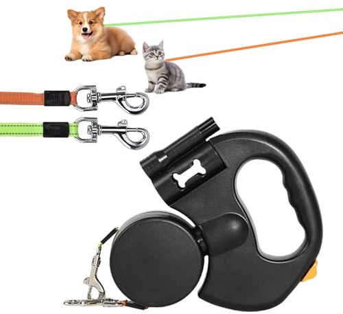 Correa retráctil para perros, 300 cm, correa para perros de doble cabeza, correa giratoria de 360°, correa retráctil y antideslizante, para perros pequeños y medianos (negro)