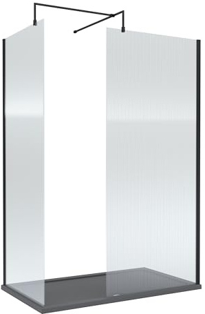 Modern 8mm Fluted Glass Walk in Enclosure Wetroom Screens with Black Profile and Grey Shower Tray - 1400 x 900mm
