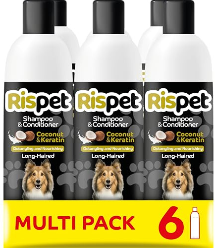 RISPET Shampoo und Spülung, Kokosnuss und Keratin, Reinigungs- und Desinfektionsmittel für Hunde und langhaarige Tiere, Zarte Formel ohne Allergene und ausgeglichener pH-Wert, Kokosnussduft, 6x370 ml