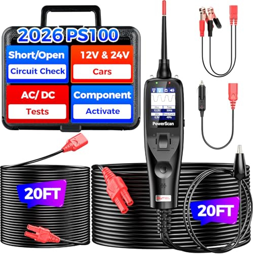 Autel PowerScan PS100 Power Circuit Probe Tester, 40FT Cable for 99% Cars | 2026 12 24V Automotive Electrical Open Short Breaker Finder, Component Activation Test Tool, AC DC Trailer Relay Fuse Test